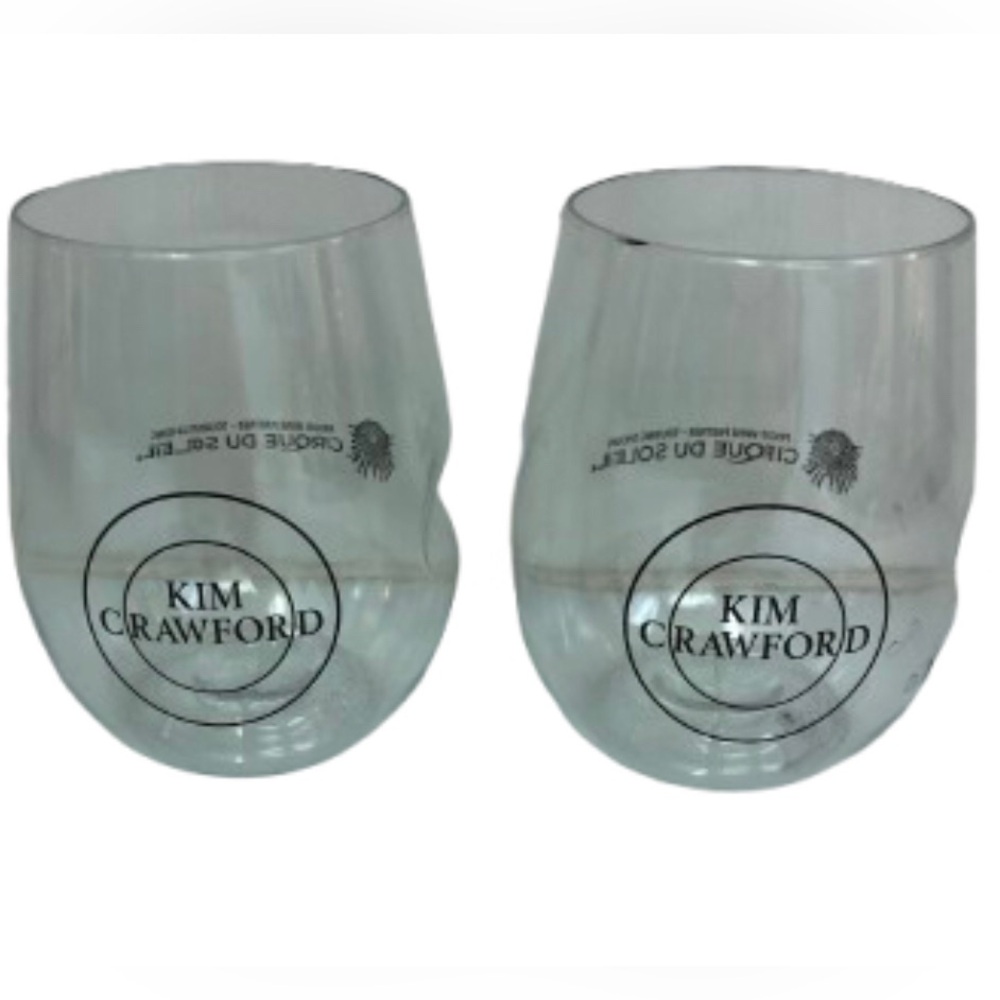 KIM CRAWFORD STEMLESS WINE GLASSES • SET OF 2 • CLEAR PLASTIC W BLACK LOGOS